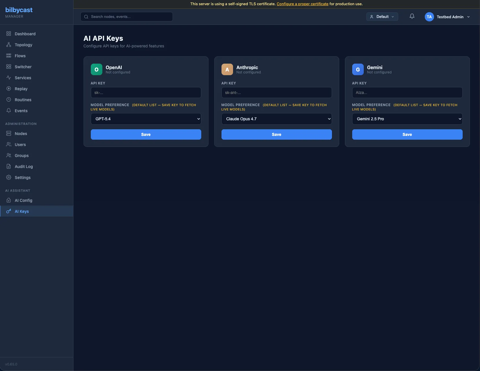 Bilbycast Manager AI API Keys page — OpenAI, Anthropic, and Gemini provider cards