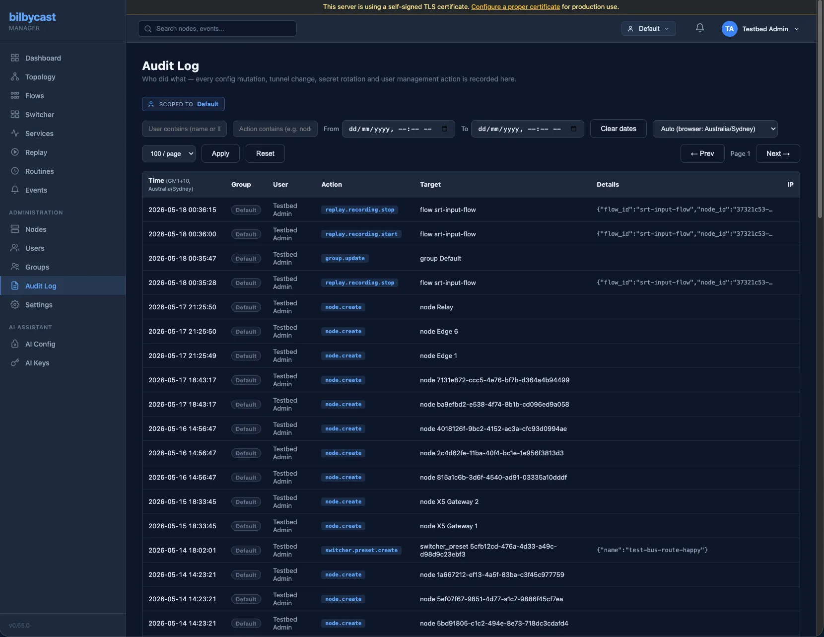 Bilbycast Manager Audit Log — group-scoped, searchable table of every operator action