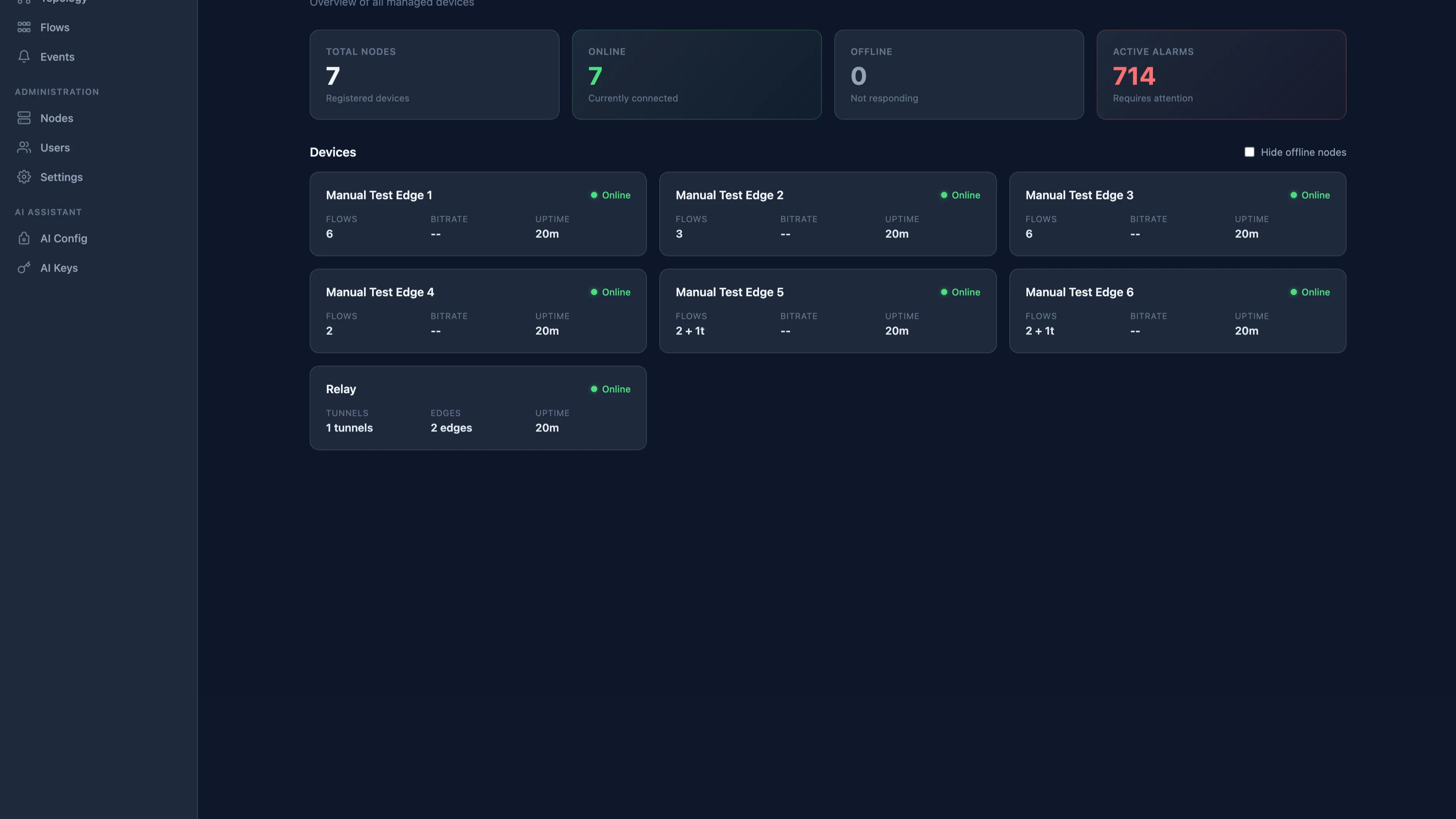 Bilbycast Manager Dashboard showing 7 managed edge nodes and relay server