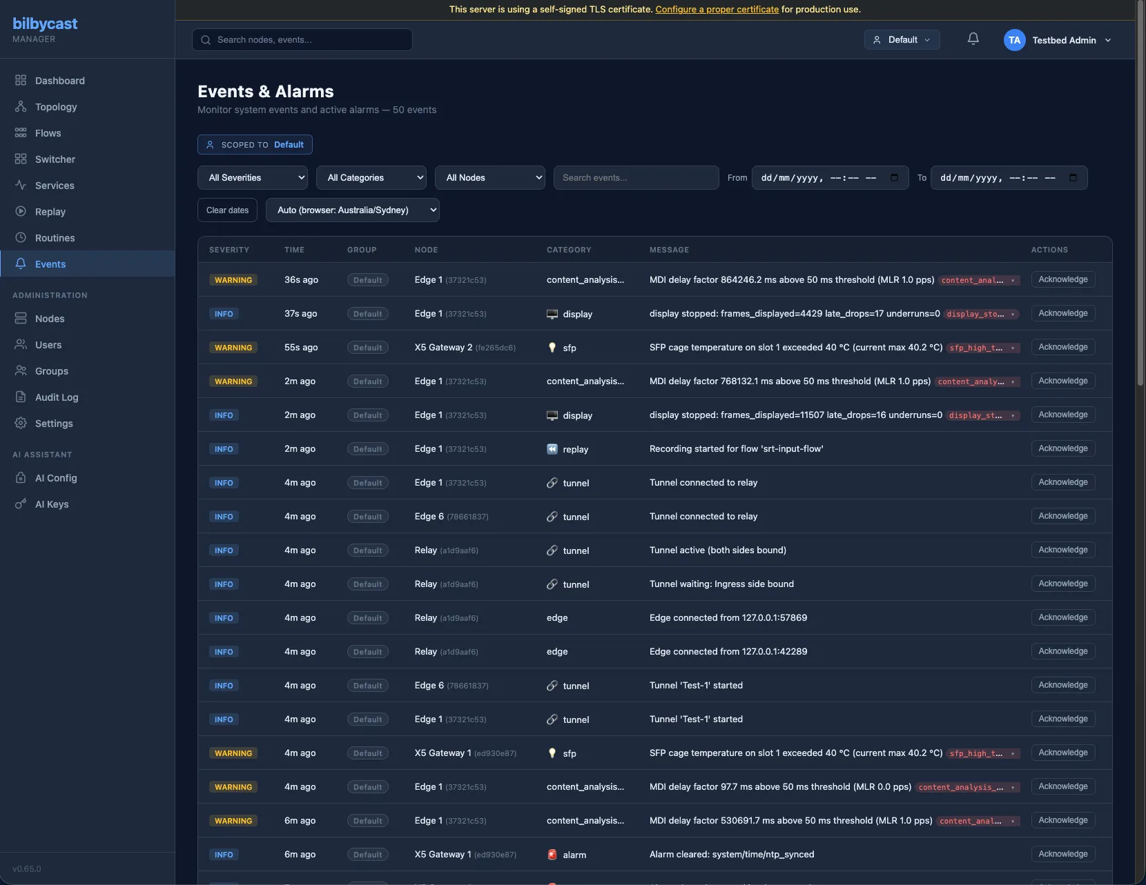 Events & Alarms — severity-graded table with badges, timestamps, node, category, and structured details filterable by severity / category / date