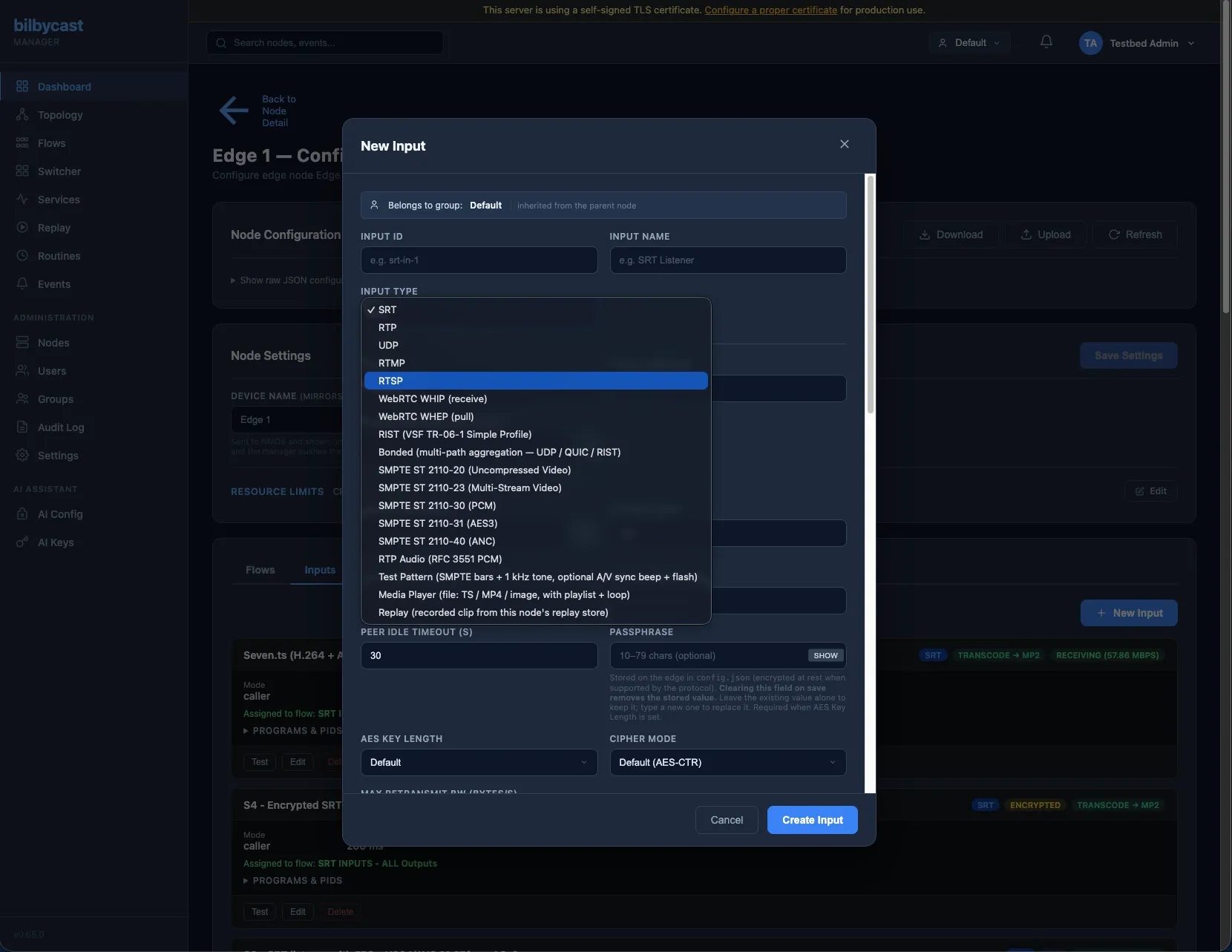 Bilbycast Manager — New Input modal with the full protocol picker expanded