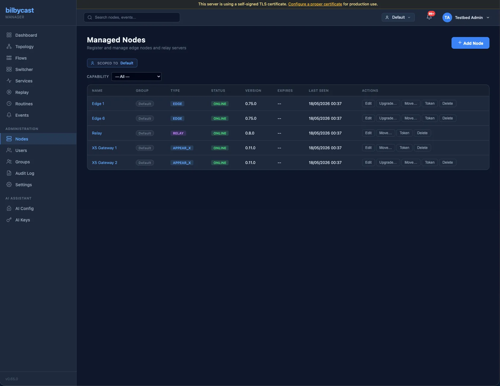 Bilbycast Manager managed-nodes roster view