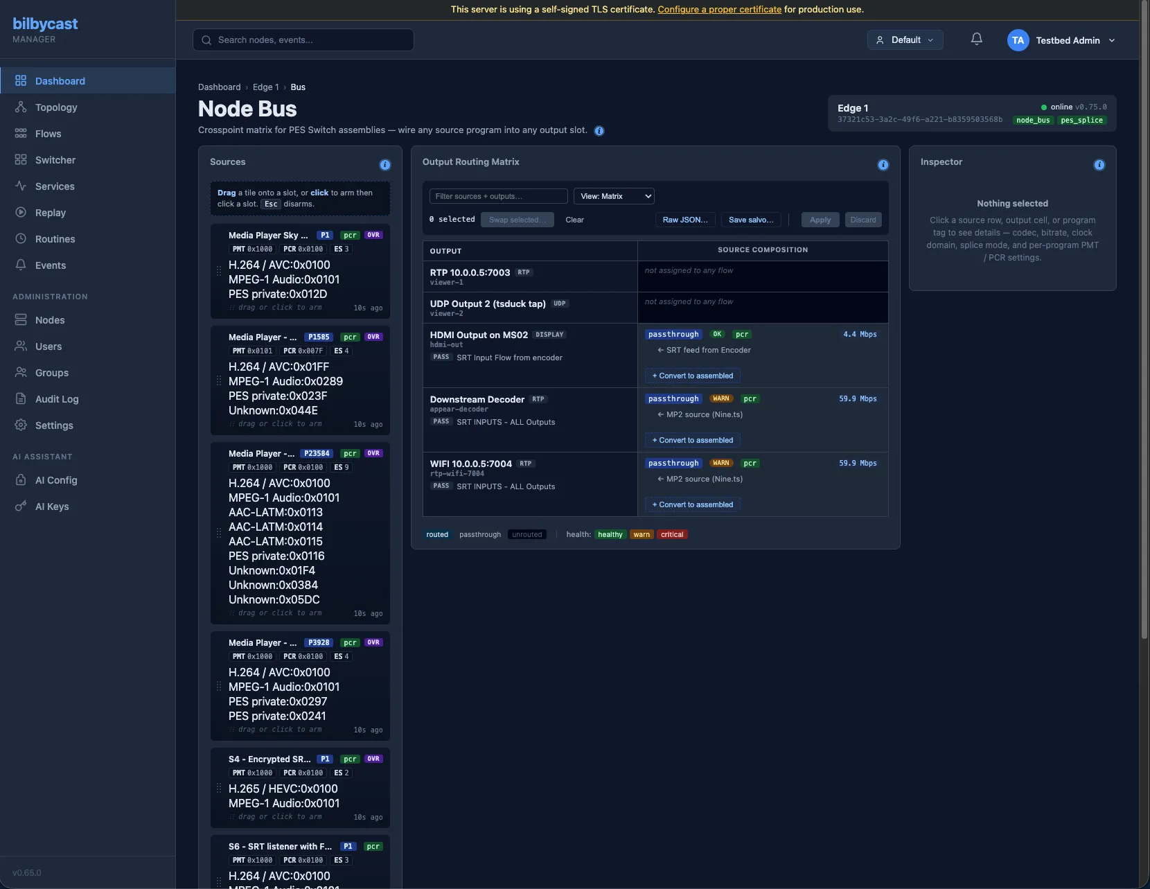 Bilbycast Node Bus Matrix — three-pane Sources / Crosspoint / Inspector layout