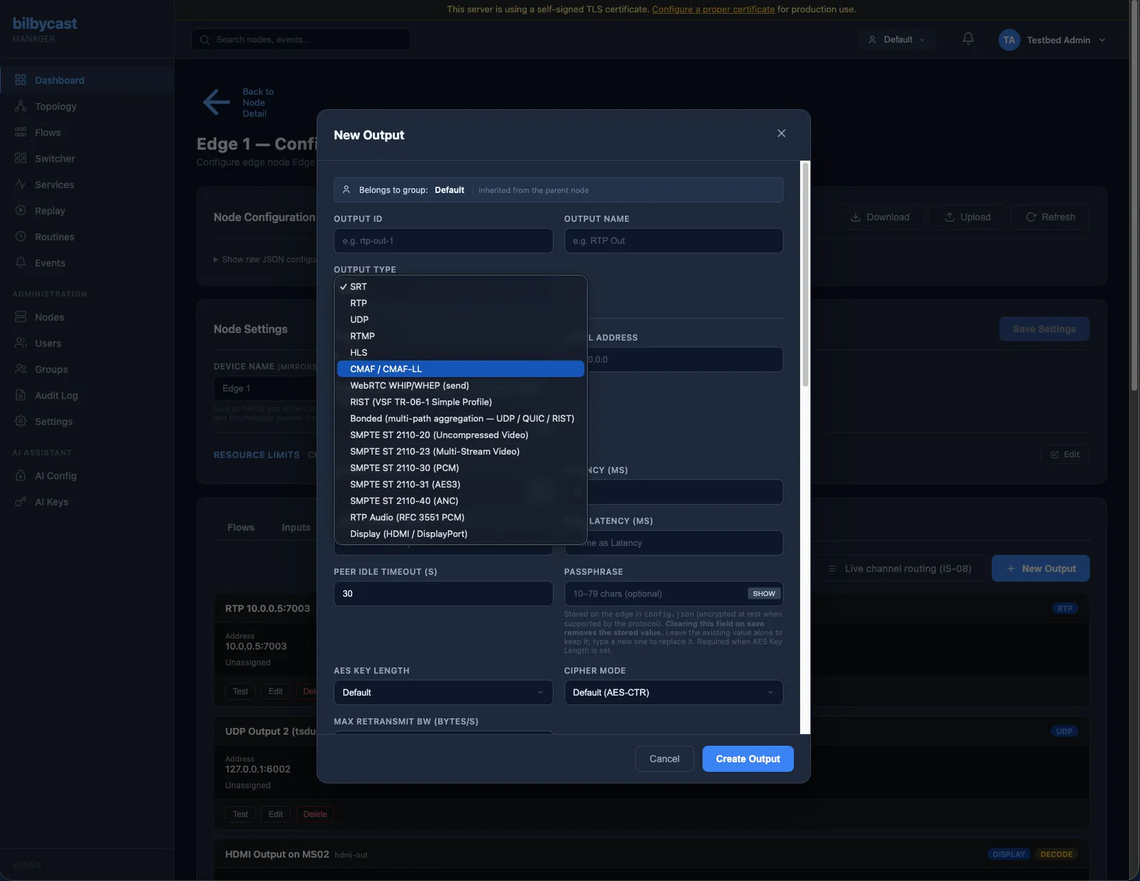 Add Output modal — same protocol picker on the output side, with destination + latency + key fields