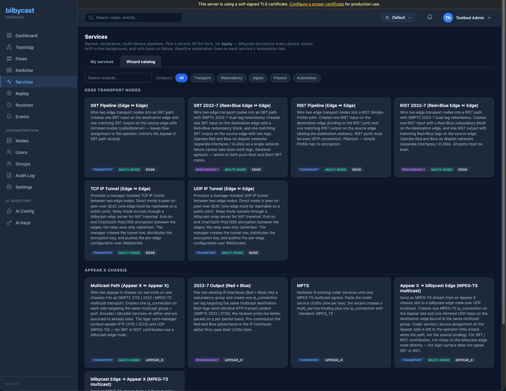 Services & Templates — the wizard catalogue of per-driver service templates that turn multi-node setups into a single guided click