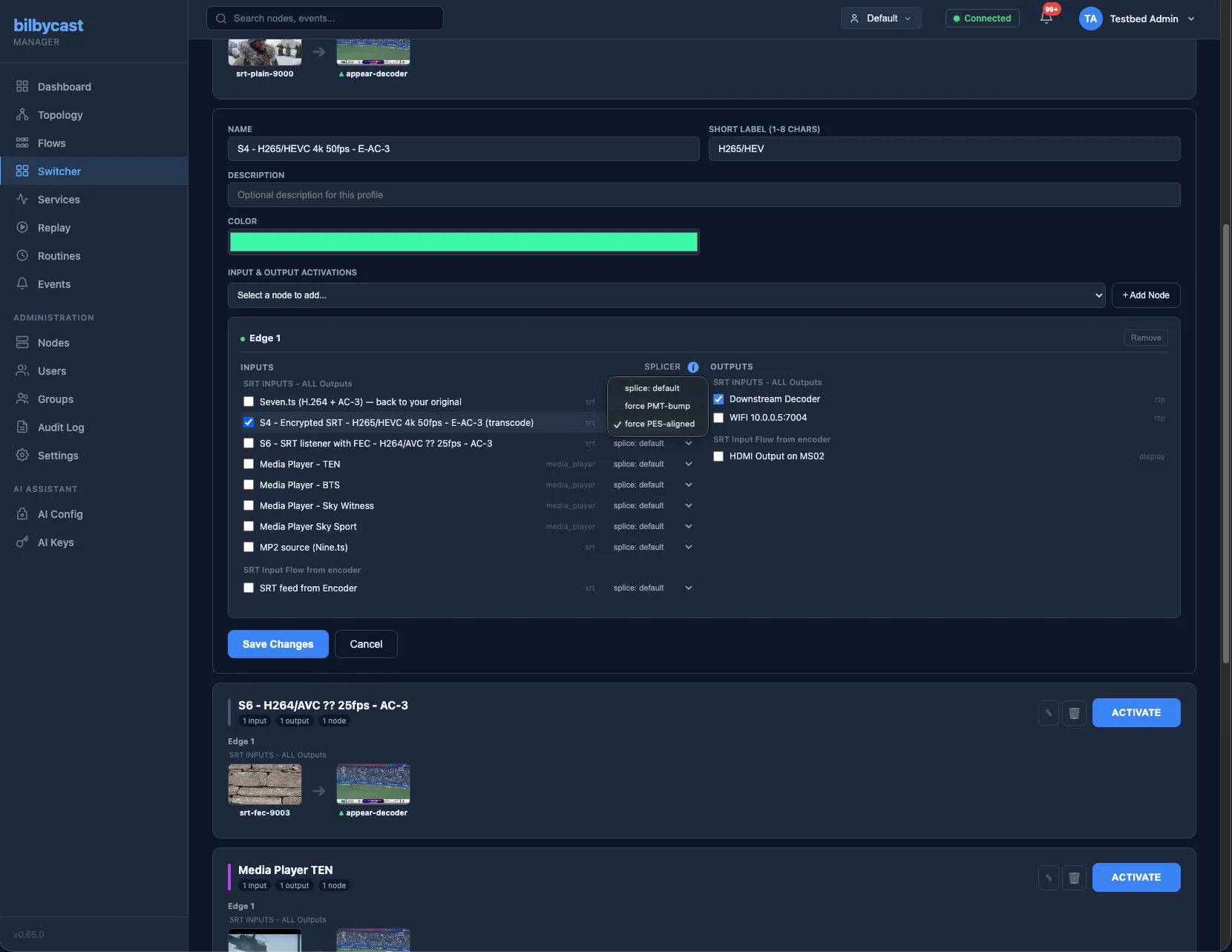 Preset editor — per-action splice override dropdown set to "force PES-aligned" alongside the action's input list and output map